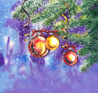 五颜六色的圣诞节背景与球金蛇纹石流光杉枝雪和灯。 水彩插图。