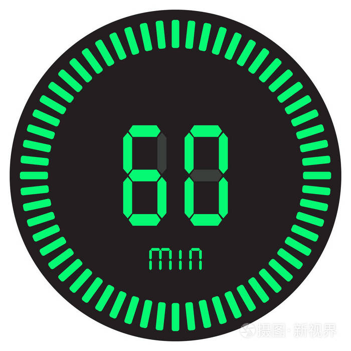 绿色数字计时器60分钟1小时电子秒表与梯度拨号启动矢量图标时钟和