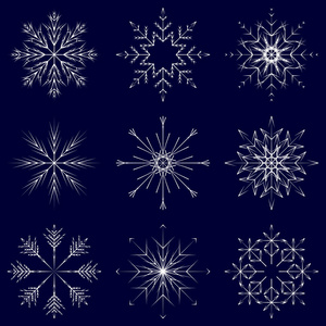 矢量收集艺术冰冷抽象水晶雪花孤立在背景上，如冬季12月装饰组或收藏。 冰霜美丽的星饰剪影或季节艺术