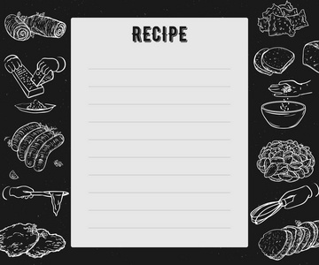 食谱卡。 食谱页。 设计模板与手准备膳食，厨房用具和用具。 素描样式的矢量插图
