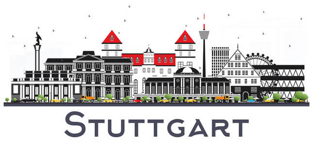 斯图加特德国天际线与彩色建筑隔离在白色。 矢量图。 具有历史建筑的商务旅游和旅游理念。 斯图加特城市景观与地标。