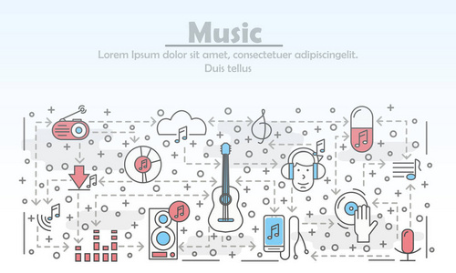 音乐广告海报横幅模板。 音乐和声音矢量细线艺术平面风格设计元素图标的网页横幅和印刷材料。