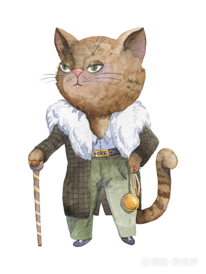 黑手党黑帮老大猫卡通犯罪人物白色背景上的孤立物体水彩插图