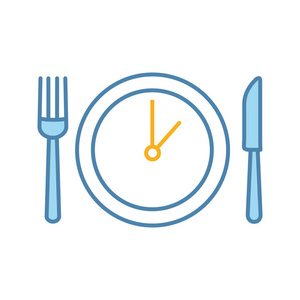 午餐时间颜色图标。 晚餐休息。 下午的商务会议。 商务午餐时间和持续时间。 桌子刀叉和盘子里面有时钟。 孤立矢量插图