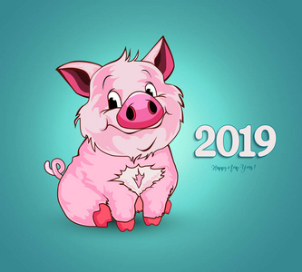 可爱的滑稽猪。新年快乐。中国象征2019年