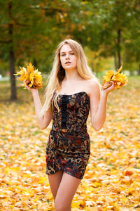 一幅美丽的金发美女的肖像，穿着的裙子，秋天公园户外