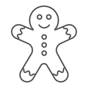 姜饼人细线图标, 圣诞节和甜, 曲奇符号, 矢量图形, 在白色背景的线性