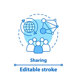 内容共享概念图标。 网络思想细线插图。 社交媒体。 在线社区。 矢量孤立轮廓绘制。 可编辑行程