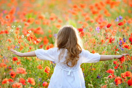 可爱的小女孩穿着白色的裙子在夏天盛开的田野里走在傍晚的阳光下.