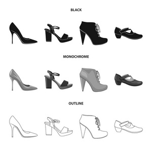 矢量设计的鞋类和女性图标。一套鞋类和脚向量的股票图标
