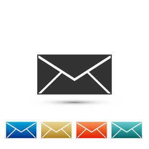 在白色背景查出的信封图标。电子邮件消息字母符号。在彩色图标中设置元素。平面设计。向量例证