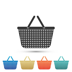 在白色背景查出的购物篮图标。在彩色图标中设置元素。平面设计。向量例证