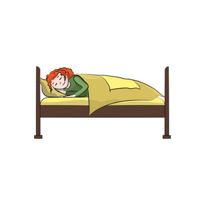 那个女孩睡在床上。 矢量彩色插图。
