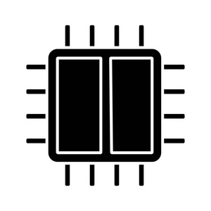 双核处理器字形图标。 x2微处理器。 微芯片芯片组。 CPU。 电脑电话处理器。 集成电路。 剪影符号。 负空间。 矢量孤立插图