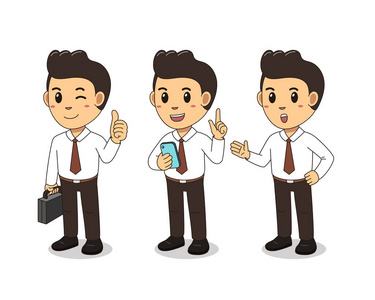 卡通可爱商人人物姿势设置矢量插图设计。