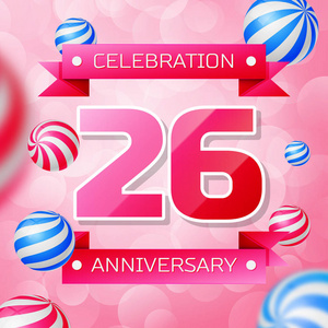 粉红色的数字和粉红色的丝带, 气球粉红色背景.