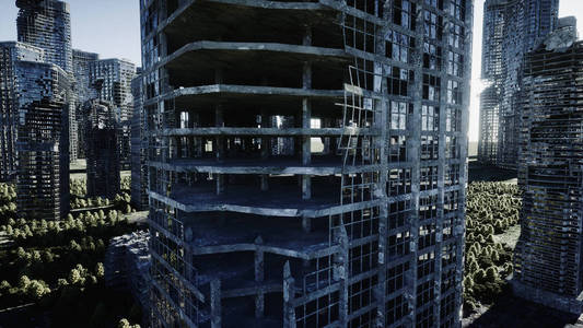 被毁的摩天大楼天启城.被摧毁的城市的鸟瞰图.启示的概念.3d 渲染照片