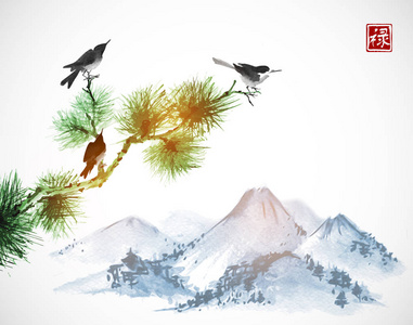 松树枝上的鸟和背景上的山。 传统东方水墨画苏米恩古华。