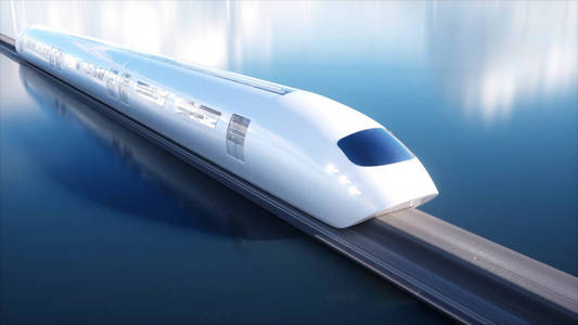 快速未来的单轨列车。科幻电台。未来的概念。人和机器人。水和风能。3d 渲染