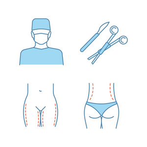 整形外科颜色图标设置。 外科手术刀和夹紧大腿提腰矫正手术。 孤立矢量插图