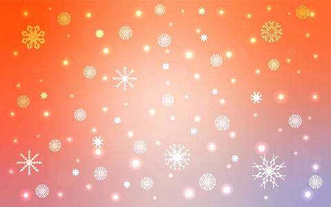 浅橙色矢量纹理与彩色雪花。 装饰闪亮的插图与雪在抽象模板。 新年设计为您的广告海报横幅。