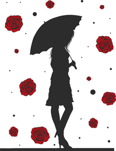 时尚时尚的带伞女人。 金发的时尚女孩。 素描。 带伞的时尚模特。 插图。