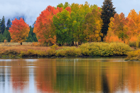河堤上一道美丽的秋景倒影