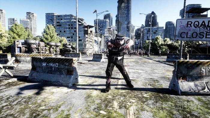 恐怖僵尸人群行走毁坏的城市启示观概念3d渲染