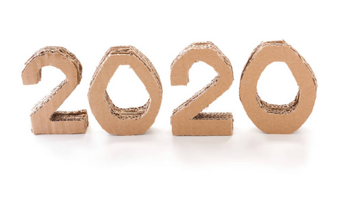 2020年手工3d数字,由重复使用的纸板纸在白色背景. 新年环境装饰理念.