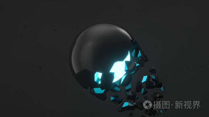破碎的黑色球体,里面有蓝色的光芒,黑色背景上的碎片掉落.