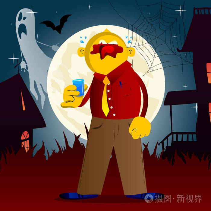 喝白兰地的黄种人.矢量卡通插图.