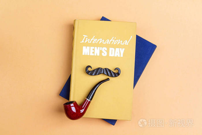 s day background with smoking pipe, mustache and books over yell