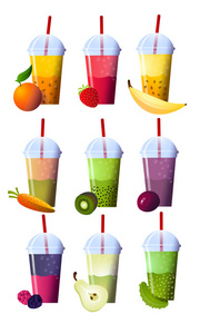不同杯子里的一套冰沙。超食和健康或排毒饮食的概念在素描风格。白色上不同食品的矢量插图。
