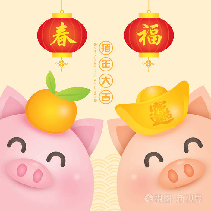 2019中国新年,猪年矢量与两只可爱的小猪与金锭,橘子和灯笼.