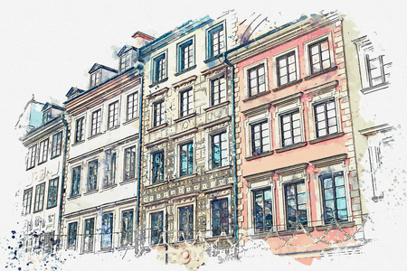 插图或水彩画。波兰华沙的传统建筑