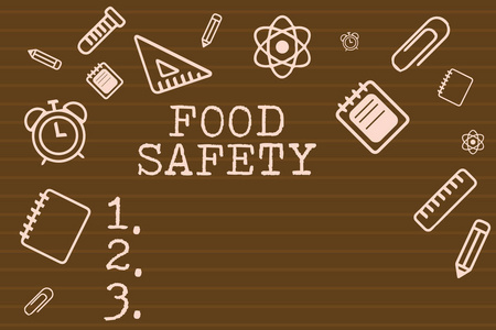 写笔记显示食品安全。商业照片展示保持食物质量的条件和做法
