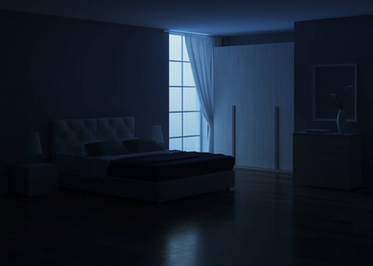 卧室室内设计。 夜间照明。 三维渲染。