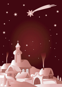 圣诞村冬季Laqndscape.圣诞节冬季村在中欧与伯利恒之星。 红色的程式化插图。 矢量可用。