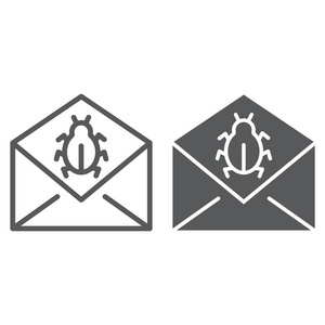 邮件病毒攻击线和字形图标消息和安全性电子邮件符号矢量图形白色背景上的线性图案