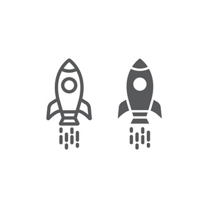 宇宙飞船线和字形图标, 航天飞机和宇宙, 火箭符号, 矢量图形, 在白色背景的线性图案