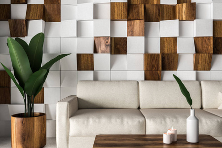 关闭白色和木制瓷砖墙客厅内部与混凝土地板白色沙发和咖啡桌。 3D渲染