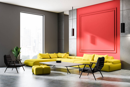 灰色和红色墙壁客厅角落与混凝土地板，黄色沙发，灰色扶手椅和咖啡桌与书籍。 3D渲染模拟