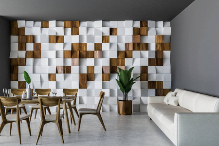 时尚餐厅内部有木制瓷砖墙混凝土地板，长木桌，椅子和长白色沙发。 3D渲染