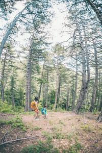 一个女人和她的孩子沿着森林小径散步。 一个带背包的男孩和他的母亲一起旅行。 和孩子们一起远足。 那孩子穿过松林。 活跃的暑假。 
