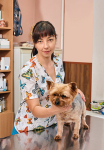 妇女兽医和狗