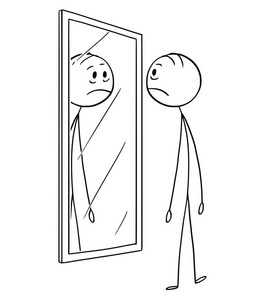 在镜子里看着自己的悲伤沮丧的人动画片照片