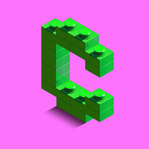 现实的绿色3D等距字母c的字母从构造函数乐高砖。 绿色三维等距塑料字母从乐高积木。 乐高字母。 3个字母