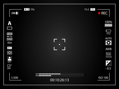 黑色现代数码相机取景器模板与视觉效果。 黑色取景器无镜面DSLR或摄像摄像记录。 矢量插图