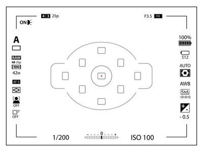 白色现代数码相机聚焦屏幕与设置模板。 取景器无镜dslr或摄像摄像记录。 矢量插图