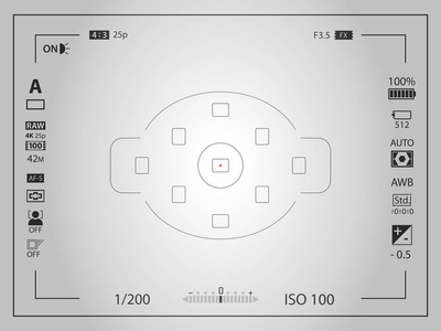 白色现代数码相机聚焦屏幕模板与视觉效果。 取景器无镜dslr或摄像摄像记录。 矢量插图